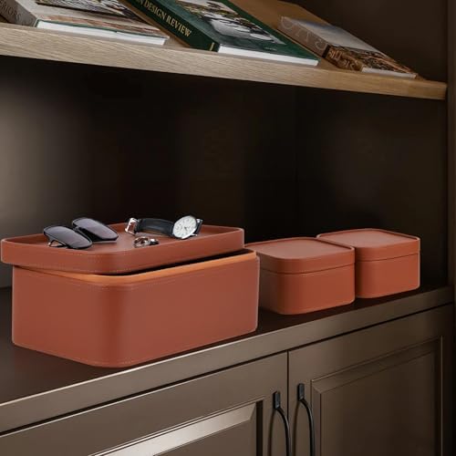 HofferRuffer Faux Leather Decorative Storage Boxes, Dust proof Storage Shelf Baskets with Lids Trays, Storage Bins Memory Box Organizer for Home, Office, Jewelry & More, Set of 3 (Brown) - Image 6