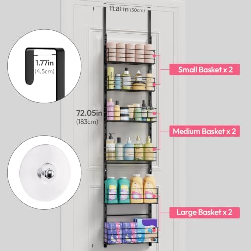 SWTYMIKI Over The Door Organizer - Door Organizer Hanging with 6 Adjustable Metal Large Capacity Basket, Wall Mounted Shelf for Bedroom Closet Bathroom Laundry Pantry Cabinet Kitchen(Black) - Image 3