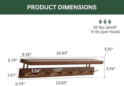 Walnut Wall Hooks with Shelf, Coat Rack Wall Mount, Entryway Hanging Shelf with 7 Brass Hooks for Hats, Clothes, Towels, Bags, Black Walnut Wood, Walnut - Image 2