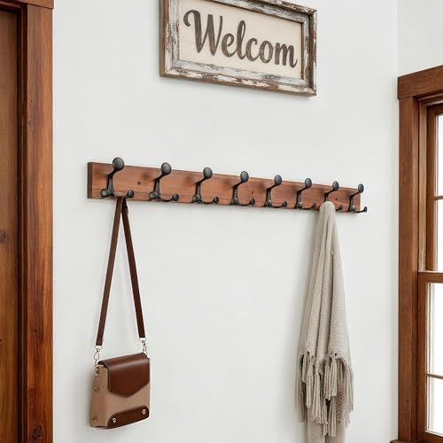 SKOLOO 43-Inch Wood Coat Rack Wall Mount with 8 Triple Hooks - Ideal for Family Entrances, Classrooms, and Pet Supplies Storage - Perfect Coat Hooks for Wall,Charred Golden Brown - Image 3