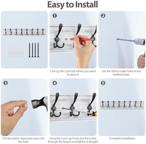 Coat Rack Wall Mount, Wooden Heavy Duty Coat Rack for Wall,8 Triple Coat Hanger Hooks for Hanging Coats,Jacket,Hat,Clothes (Grey White, 8 Hooks) - Image 7