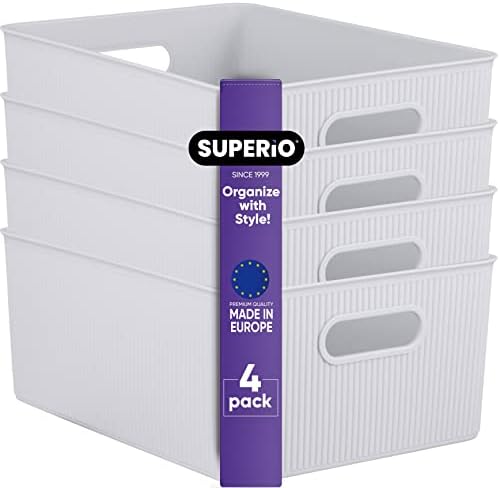 Superio Ribbed Collection - Decorative Plastic Basket Open Home Storage Bins Organizer, Large White Smoke (4 Pack) Container Boxes for Organizing Closet Storage Bins for Shelves 15 Liter/16 Quart by Superio