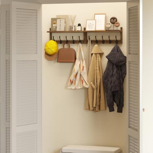 AMBIRD 34.2 inch Wooden Extra-Long Wall Hook Rack with Shelf - Versatile and Decorative Wall-Mounted Storage - 10 Hooks for Hanging Coats, Hats, Scarves - Ideal for Entryways, Bedrooms, Closets - Image 3