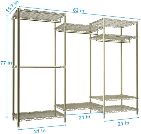 Ulif E13 Heavy Duty Clothes Rack（With 4 Hanger Rods & 8 Shelves） Freestanding Clothing Racks for Hanging Clothes，Adjustable Closet Organizer，Metal Garment Rack 63" W x16 D x77 H，Max Load 900LBS，Gold - Image 2