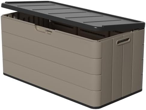 ZZM 110 Gallon Lockable Resin Deck Box, Waterproof Outdoor Storage Box for Patio Cushion Storage Cabinet and Tools Storage, Coffee by ZZM