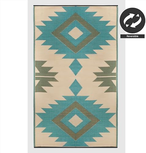 FH Home Outdoor Rug - Waterproof, Fade Resistant, Reversible - Premium Recycled Plastic - Geometric - Patio, Deck, Porch, Balcony - Bursa Kilim - Teal Crease Free - 5 x 8 ft - Image 5