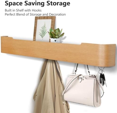Coat Rack Wall Mount with Hidden Hooks Modern Key Holder Wood Entryway Hook with Shelf for Bedroom Kitchen Hallway Bathroom Designed for Hanging Coats Hats Bags Towels Dog Leashe(Oak,8 Hooks) - Image 2