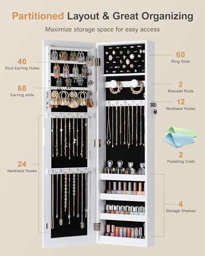 Nicetree Jewelry Cabinet Armoire, Hanging Jewelry Organizers and Storage, Lockable Jewelry Cabinet with Full-Length Mirror, Wall or Door Mount Jewelry Mirror Cabinet, Shelves, Polishing Cloth - Image 3