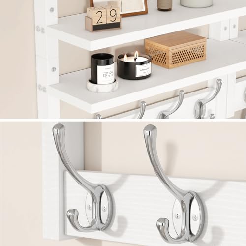 YMYNY Double Shelf Coat Rack Wall Mount with 8 Hooks, White HWS009W-2 - Image 4