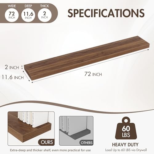 Acovy 72 Inch Floating Shelves, 12" Deep Floating Shelf Wall Mounted, 72" Wall Shelves, Rustic Deep Bookshelf, Extra Deeper & Thicker Display Shelves for Bedroom, Living Room, Walnut, Set of 1 - Image 4