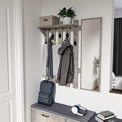 39.4" Coat Rack Wall Mount with Mirror, Wall Shelf with 5 Hooks and Storage for Hallway Entryway Modern (Grey) - Image 5