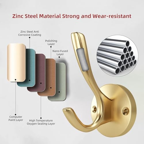 Coat Hooks for Hanging Coat Hooks for Wall Mounted Brass Wall Hooks Heavy Duty Brushed Robe Closet Hooks for Hanging Coats Entryway Metal Towel Hooks for Bathrooms (12, Gold) - Image 5