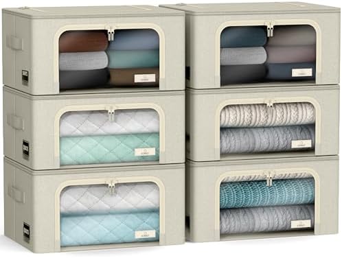 Sorbus Clothes Storage Bins, Clear Window & Handles (6 Pack, Beige) by Sorbus