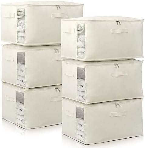 6 Pack Canvas Comforter & Blanket Storage Bags with Clear Window, Beige by CHICVIE