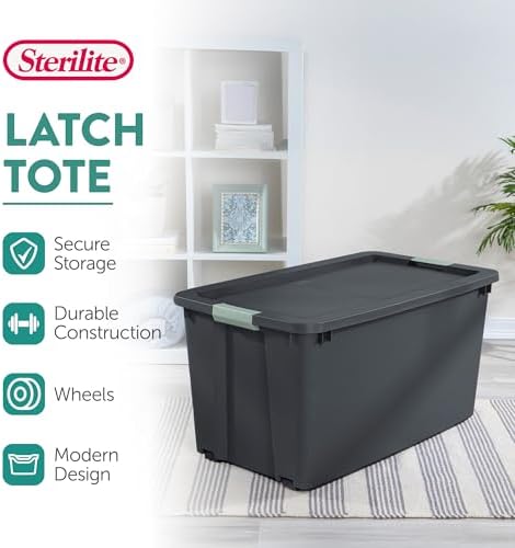 Sterilite 16 Pack 45 Gallon Wheeled Latch Tote, Stackable Plastic Storage Bin, Gray/Green - Image 2