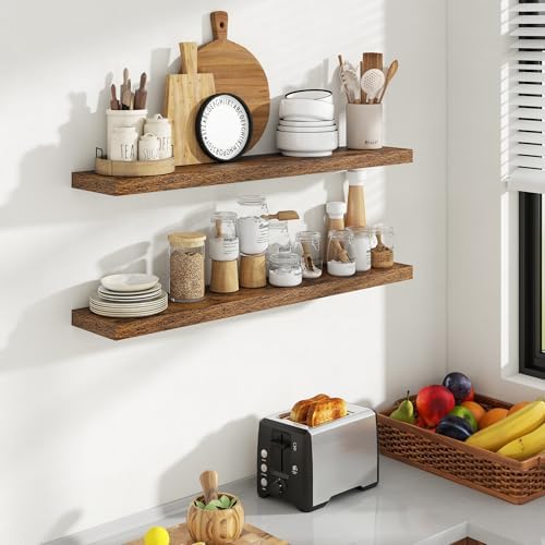Acovy 40 Inch Floating Shelves, 8 Inch Deep Floating Shelves for Wall, Hanging Shelf with Invisible Brackets, Deep Shelves for Bathroom, Bedroom, Living Room, Brown, Set of 2 - Image 2