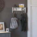 Merrick Lane Enid Wall Mount Storage Rack - Whitewashed Pine Wood - 24" Wide - Upper Shelf - 5 Hooks - Wire Baskets - For Entryway, Kitchen, Bathroom by MerrickLane
