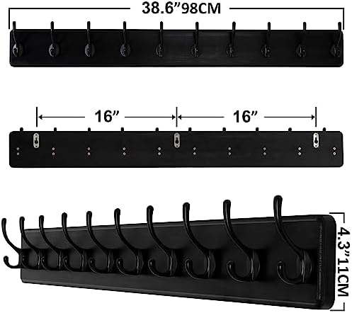 SKOLOO Rustic Wall Mounted Coat Rack, 10 Hooks, 38", Solid Wood, Black - Image 5
