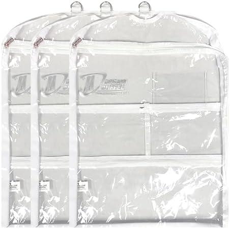 Clear Garment Bags for Dance Costumes 3-Pack, Short-Size, Side Zipper Entry, Storage Pockets for Shoes & Accessories, Size 24”x18”, Dream Duffel by DreamDuffel