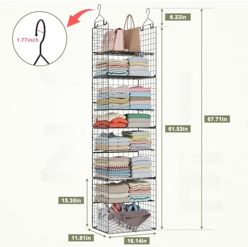 8 Tier Widened Hanging Closet Organizer and Storage Shelves, Metal & Foldable Hanging Clothing Organizer Baskets with Adjustable Dividers for Sweaters Shoes Handbags,Black (L11.81"xW16.14"xH15.35") - Image 2