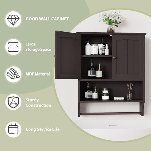 Smuxee Brown Wall Cabinet with Towel Bar - Medicine Cabinet with Adjustable Shelves, Over Toilet Cabinet for Laundry Room Kitchen - Image 6