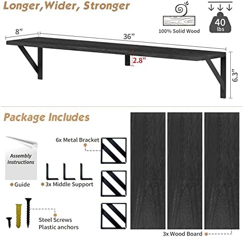 Forbena Floating Shelves 36 Inches Long 8 in Deep Set of 3, Large Wall Shelf for Bedroom Books, Heavy Duty Wide Wall Shelving for Living Room Office Kitchen Closet Organizers and Storage (Black) - Image 3