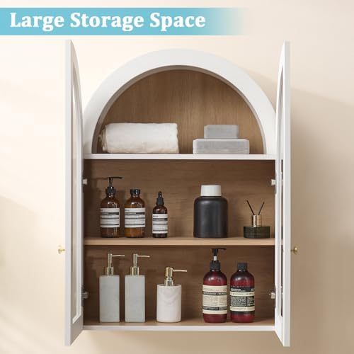 Bathroom Arched Wall Cabinet, 23.5'' Wide Medicine Cabinet, Bathroom Cabinet Wall Mount with Glass Doors & Adjustable Shelves, Over The Toilet Storage Cabinet for Laundry Room, Bedroom,Kitchen, White - Image 3