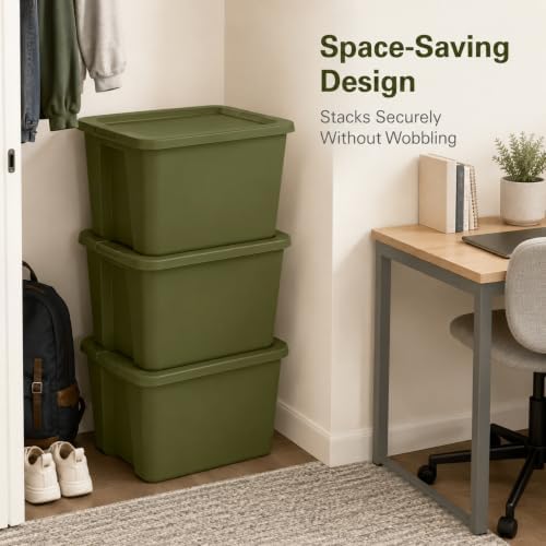 18 Gal Stackable Storage Tote with Lid, Plastic Container, Olive Green - Image 2