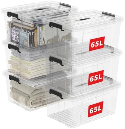 Cetomo Lidded Storage Bin with Handle, Storage Bins with Lid, Organizing Container with Secure Latching Buckles, Stackable and Nestable, Plastic, 72 Quart-6 Pack, Clear by Cetomo