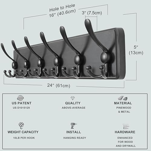 Dseap Coat Rack Wall Mounted - 24" Long 6 Tri Hooks, Heavy Duty Wooden Wall Coat Hanger Coat Hook for Clothes Hat Jacket Clothing, Black, Pack of 2 - Image 6