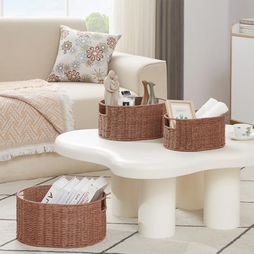 Vagusicc Wicker Storage Basket, Set of 3 Hand-woven Storage Baskets for Organizing, Round Large Wicker Baskets for Storage Decor, Pantry Storage Cubes Organization Baskets for Shelves, Brown - Image 6