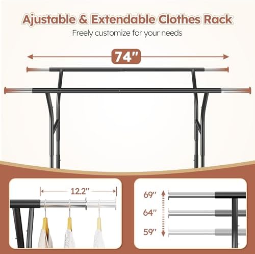 Raybee 74" W Clothes Rack 630 LBS Heavy Duty Double Rods Adjustable Size - Image 5