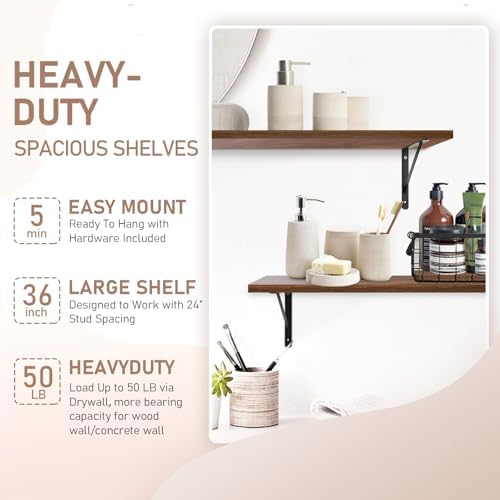 Kaboon 36 inch Long 10 inch Deep Floating Shelves for Wall Set of 2, Large Open Shelves Wall Mounted, Space Saving Home and Commercial Use, Walnut - Image 5