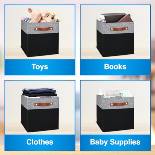 13x13 Storage Cubes - 6 Pack - Linen Fabric 13 Inch Cube Storage Bins for Bedroom, Living Room, Clothes and Toys; Foldable, Dual Leather Handles - Image 5