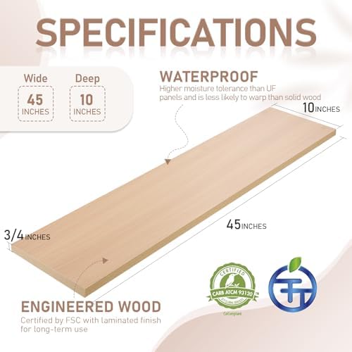 Kaboon 45 inch Long 10 inch Deep Floating Shelves for Wall Set of 2, Large Open Shelves Wall Mounted, Space Saving Home and Commercial Use, Light Walnut - Image 3