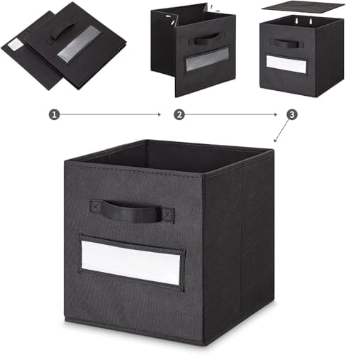 13x13x13 storage cube bins (Set of 10) Fabric storage cubes with 10 Labels Window Cards & a Pen, storage cubes 13x13, Collapsible 13 inch cube storage bins, Cubby Organizer Boxes, Black - Image 4