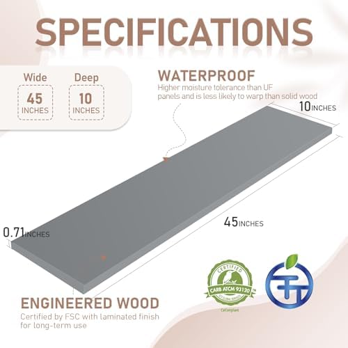 Kaboon 45 inch Long 10 inch Deep Floating Shelves for Wall Set of 2, Large Open Shelves Wall Mounted, Space Saving Home and Commercial Use, Gray - Image 3