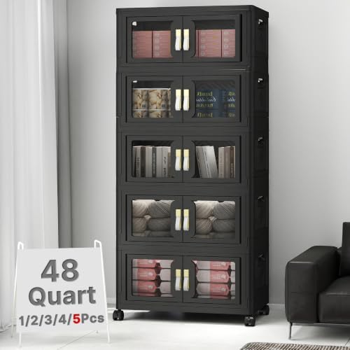 UAMFURI Stackable Storage Bins with Lids, Clear Doors, Large Storage Cabinet Foldable Collapsible Closet Organizers for Bedroom Dorm Office (5, Black, 48, Quarts) by UAMFURIDirect