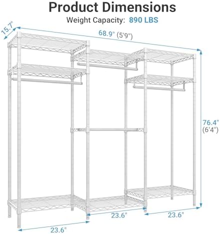 VIPEK V5i Garment Rack Heavy Duty Clothes Rack for Hanging Clothes, Portable Wardrobe Closet Freestanding Clothing Rack with 8 Adjustable Shelves & 4 Hang Rods, 68.9" L x 15.7" W x 76.4" H, White - Image 6