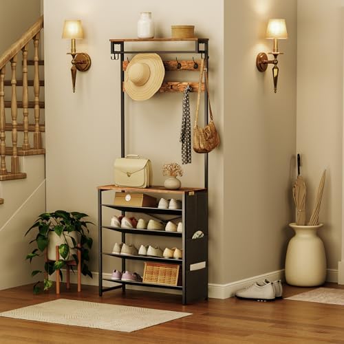 HOOBRO Hall Tree with Bench, Entryway Coat Rack with Shoe Rack, Shoe and Coat Rack, 5 Tier Shoe Storage Organizer with Oxford Fabric Side Pockets, Adjustable Mesh Shelves, Rustic Brown BF75MT01 - Image 2