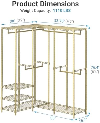 VIPEK L40 Corner Clothes Rack, Heavy Duty L-Shaped Freestanding Closet, Metal Clothing Rack, Corner Wardrobe for Hanging Clothes, 53.75" L x 38" W x 76.4" H, Load Capacity 1110 LBS, Gold - Image 4