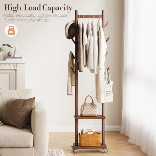 Yoobure Solid Wood Coat Rack Freestanding - Rolling Clothes Rack with 8 Hooks & Shelves, Small Clothing Rack with Wheels, Heavy Duty Clothing Racks for Hanging Clothes, Portable Hall Tree for Entryway - Image 4