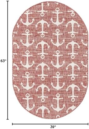 Unique Loom Outdoor Coastal Collection Area Rug - Ahoy (3' 3" x 5' 3" Oval, Rust Red/Ivory) - Image 2