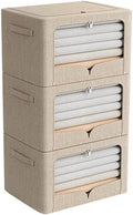 FHSQX 3 Pack Clothes Storage Bins Foldable Metal Frame Storage Box Extra Large Stackable Linen Fabric Organizer Set with Carrying Handles and Clear Window (Beige, 23.6x16.5x15.7inch(100L)) by FHSQX