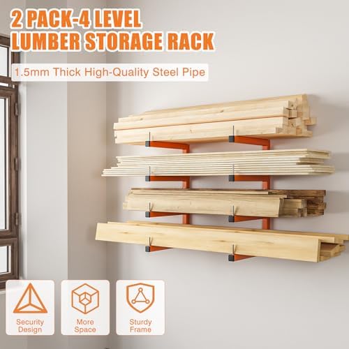 2-Pack Lumber Storage Rack, Wood Storage Racks Wall Mount, Heavy Duty Garage Wood Organizer With 4-Level System, Orange Utility Rack Organization Up 800 Lbs, Metal Lumber Shelf for Indoor and Outdoor - Image 2