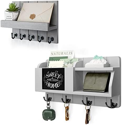 Rebee Vision Key Holder for Wall Set : 10" Key Rack with 5 Hooks & 16" Mail Organizer with Chalkboard and 4 Anchor Hooks for Home Apartment Entryway Decor - Grey by REBEEVISION