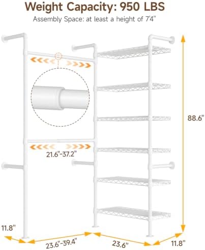 ONBRILL L2 Wall Mounted Closet System, Industrial Pipe Clothing Rack, White - Image 2
