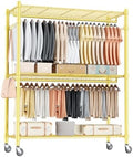 Homdox Gold Heavy Duty Clothes Rack with Wheels, 3-Tier Rolling Metal Garment Organizer with Double Hanging Rods & Hooks, Freestanding Portable Closet, 17.72" D x 47.24" W x 80.71" H by HOMDOX