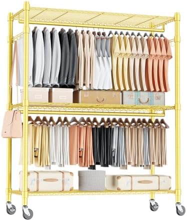 Homdox Gold Heavy Duty Clothes Rack with Wheels, 3-Tier Rolling Metal Garment Organizer with Double Hanging Rods & Hooks, Freestanding Portable Closet, 17.72" D x 47.24" W x 80.71" H by HOMDOX