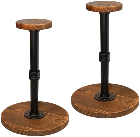 exquis Adjustable Helmet & Hat Display Stand – Rustic Wood Base with Matte Black Metal Rod, Height Adjustable 12"–17.5", Set of 2 by Unknown